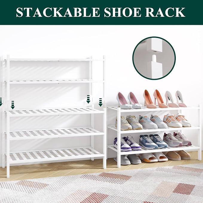 Smiry Bamboo Shoe Rack for Closet, 3 Tier Wooden Shoe Organizer, Stackable Wood Shoe Storage Shelf for Entryway, 14 Vertical Slats, One-piece Heavy-Duty Legs, 26.77"x11.02"x18.31", White