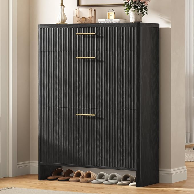 Fluted Shoe Storage Cabinet for Entryway, Narrow Wooden Shoe Cabinet with 2 Flip Drawers & Pull-Out Drawer, Modern Freestanding Slim Shoe Organizer Rack for Foyer/Hallway/Living Room, Black