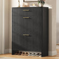 Fluted Shoe Storage Cabinet for Entryway, Narrow Wooden Shoe Cabinet with 2 Flip Drawers & Pull-Out Drawer, Modern Freestanding Slim Shoe Organizer Rack for Foyer/Hallway/Living Room, Black