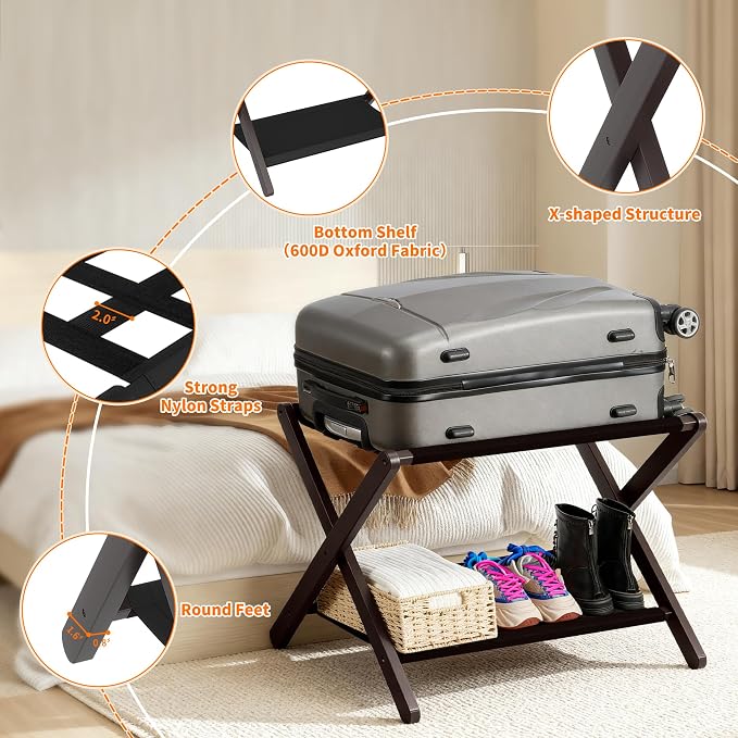Heybly Luggage Rack, Pack of 2, Folding Suitcase Stand with Storage Shelf, Heavy-Duty Luggage Holder for Guest Room Bedroom Hotel, Holds up to 165 lb, Black, HLR010Z2