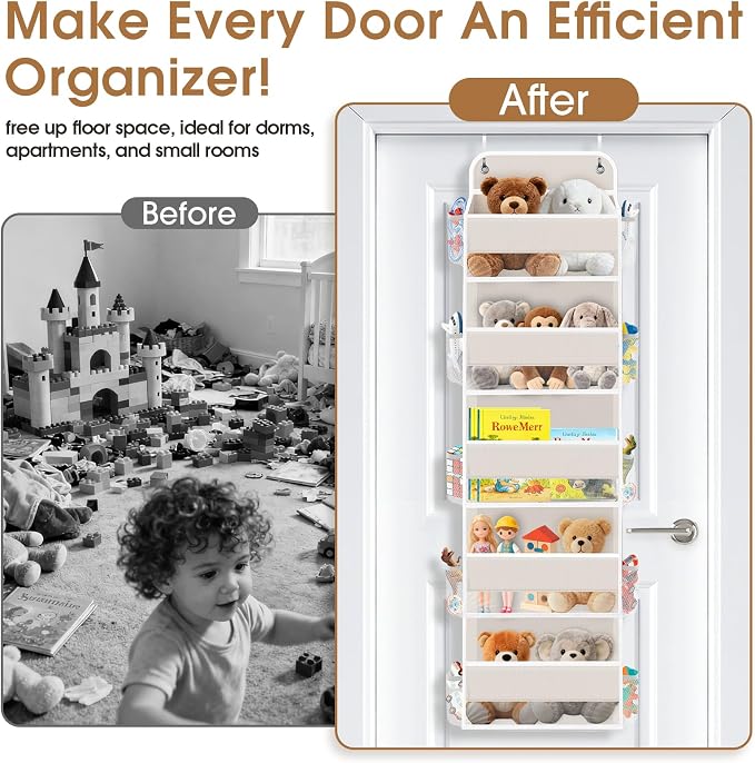 WISELIFE Over the Door Organizer Storage with 5 Large Pockets, Door Hanging Organizer with Clear Windows, Behind the Door Storage for Nursery Bedroom Bathroom Pantry Closet and Baby Essentials, Beige