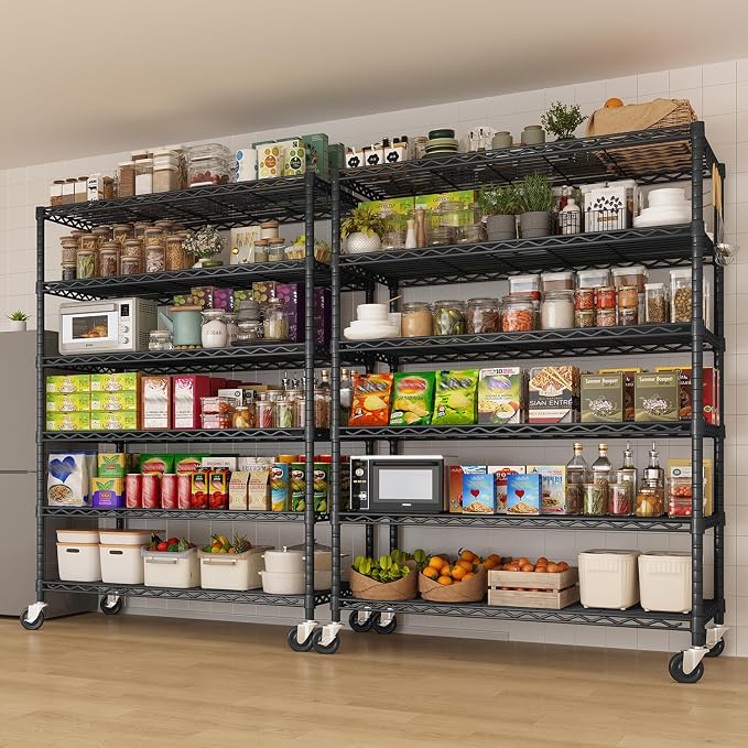 6-Tier Rolling Storage Shelves 36" W x 18" D x 78" H, Adjustable Wire Rack with Wheels & Hooks, 1500LBS Capacity, Splittable Design for Garage, Kitchen, Pantry, Aquarium Stand