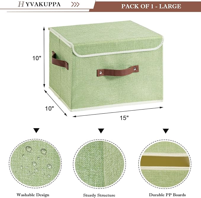 Collapsible Storage Boxes Baskets with Lid Cotton Linen Fabric Storage Bins with Faux Leather Handles Decorative Washable Cube Organizer Container for Home Closet Bedroom (Green, Large Size)
