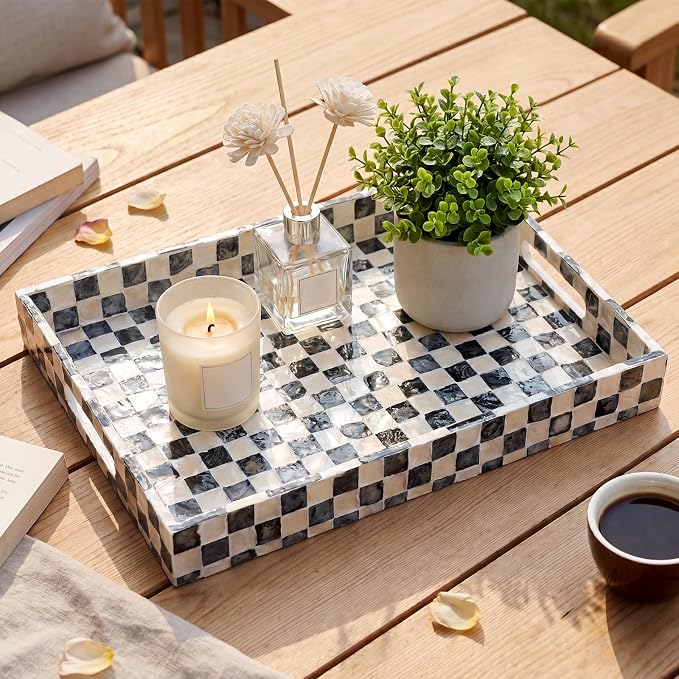 Reallnaive Mother of Pearl Lazy Susan for Table Turntable Organizer Marble Patterned Lazy Susan Wood Spinning Tray Rotating for Kitchen Cabinet Spice Pantry 12 Inch(Square,Black White Checkerboard)