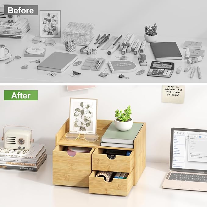Bamboo Desk Organizer with Drawers, Desktop Storage for Office Supplies | 3 Drawers Desktop organizer, No Assembly Required, Natural Wood Wooden Desktop Drawers Box for Bills, Cosmetics, Seals, Paper