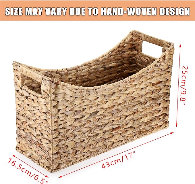 BTSKY Woven Magazine Holder, Water Hyacinth Magazine Basket, Natural Storage Basket Bin for Books & Files, Bathroom Magazine Rack with Built-in-Handle for Home, Office & Desk - 17x6.5x9.8 Inch