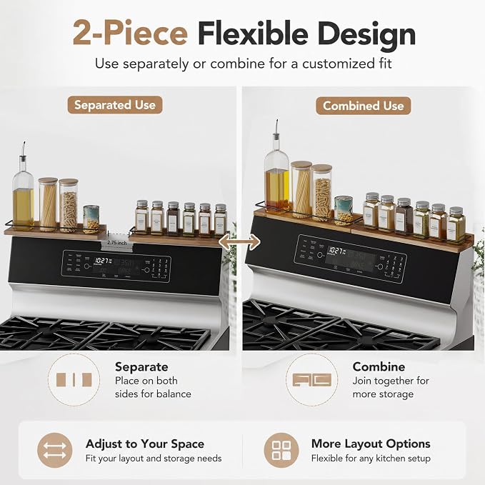 2-Piece 30" Magnetic Stove Top Shelf – Acacia Wood Spice Rack Organizer, No-Drill Over Stove Shelf for Kitchen, Strong Magnets, Heat Resistant, Easy Clean, Fits Gas/Electric Stoves