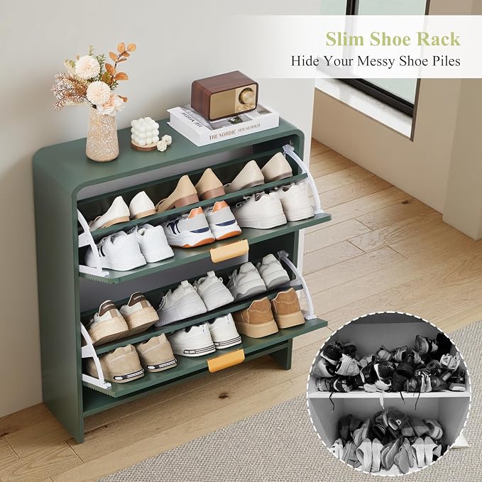 RARZOE Fluted Shoe Cabinet Storage for Entryway, 29.5'' Green | Curved Shoes Storage Cabinet with 2 Flip Drawers, Narrow Hidden Shoe Organizer Shoe Rack For Bedroom, Foyer, Hallway