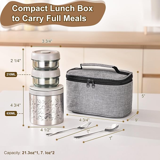 Lille Home Stainless Steel Thermal Lunch Box Set with Lunch Bag and Cultery | 22 Oz Vacuum Insulated Lunch Bento Box, to Keep Food Warm/Cool, 2 Small Food Container for Snack, Fruits and Sauces (Gray)