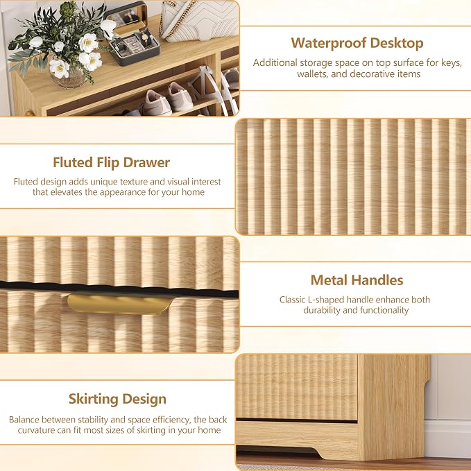 HUANLEGO Shoe Cabinet Storage for Entryway with 4 Flip Drawers, Oak Fluted Shoe Cabinet with Adjustable Shelves, Wooden Hidden Shoes Rack Freestanding Narrow Slim Shoes Storage for Hallway, Entrance