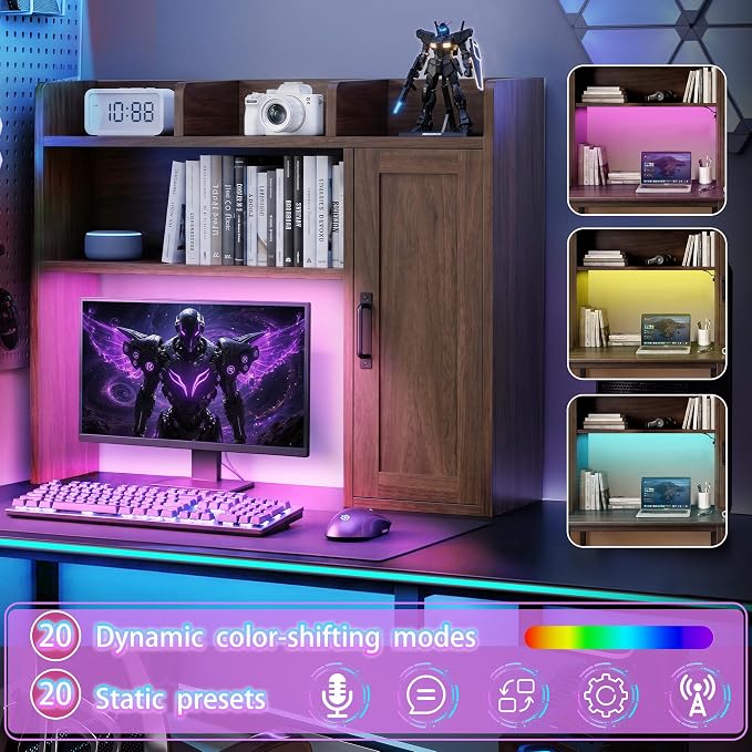 Desktop Bookshelf, Desk Hutch with RGB LED Lights & Power Outlets 37" Desk Hutch Organizer with Storage Cabinet Desktop Storage Shelf for 27" Monitor, Tabletop Bookcase for Dorm Office Home