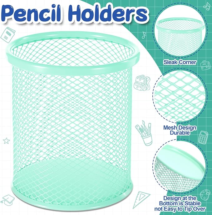 Pasimy 9 Pack Metal Pen Holder, Colorful Mini Pencil Cup Desktop Round Mesh Pencil Bucket Makeup Brush Organizer for Classroom School Office Stationery Supplies