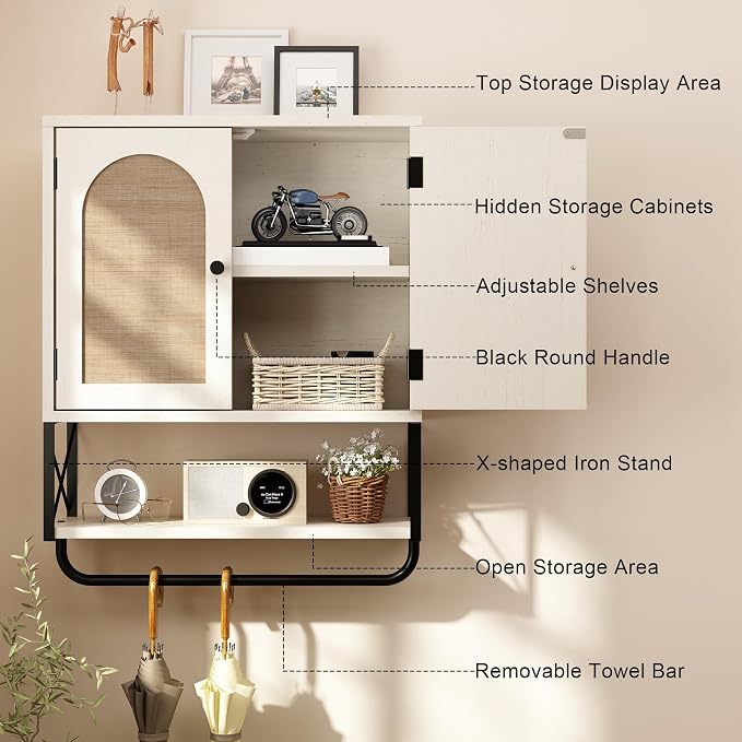 RUSTOWN Rattan Bathroom Wall Cabinet, Boho Over The Toilet Storage Cabinet | Arched Rattan Doors, Modern Medicine Cabinet, Adjustable Shelves, Towel Bar, Vintage White