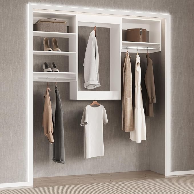Modular Closet, 84" Wide Organizer with Hanging Shelves, Wooden Tower for Walk-in Closets, White Wall Mounted Wardrobe Organizer