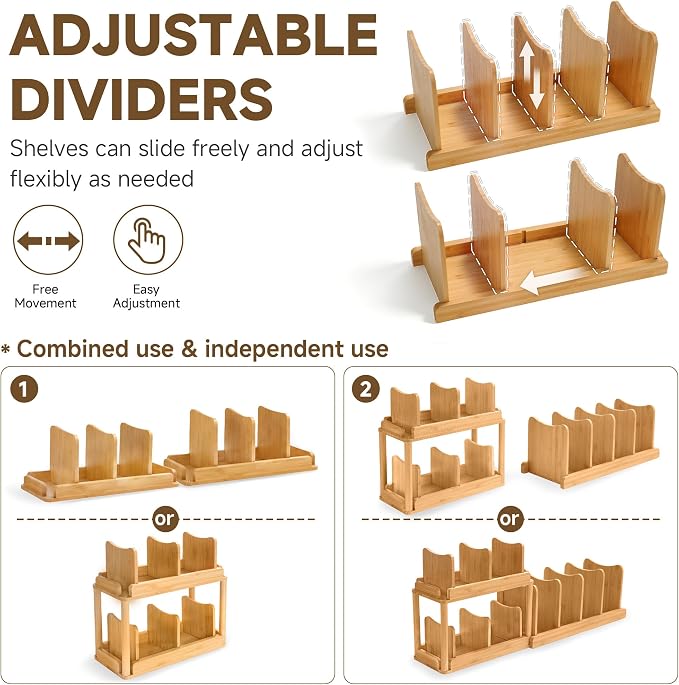 YIGII 2-Tier Bamboo Container Lid Organizer with Dividers for Cabinet | Natural Bamboo, Moisture-Resistant, Removable Dividers, 2-Tier or Separate, for Drawers Countertops, Fits Small to Large Lids