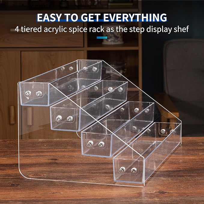 Acrylic Spice Rack, Tiered Spice Rack Shelf Seasoning Organizer | for Countertop, Cabinet, Pantry, Kitchen Storage - 4 Tier