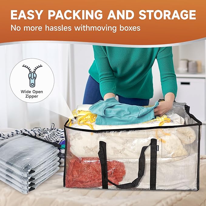 CONGREGATE 4 Pack Extra Large Moving Bags with Zippers and Carrying Handles, Heavy-Duty Storage Tote Moving Boxes for Space Saving, Semi-Transparent 97L/25.6Gal (28.7"x13.7"x15")