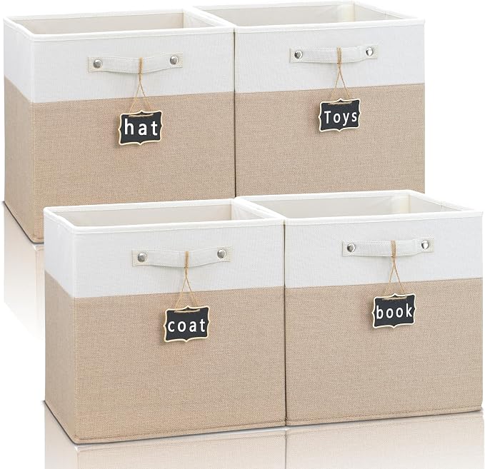 13x13x13 Inch Large Foldable Fabric Linen Cube Storage Bins【4-pack】, with Cotton Handles Closet Bins for Cabinet Shelves Home Organization and Storage bins(White&khaki)