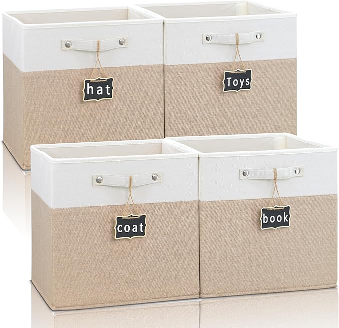 Foldable Fabric Storage Cubes with Labels, Linen Cube Storage Organizer Bins for Kallax Storage - Set of 4 (12 x 12) in White Khaki