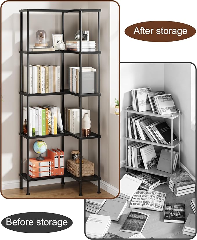 HIGDBFE 5-Tier L-Shaped Corner Bookshelf, 60" Tall Modern Corner Shelf | L-Shape Corner Fits Living Room, Bedroom, or Home Office Corners, 5 Open Shelves, Display Rack for Books, Plants, and More