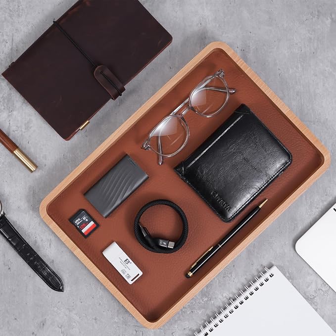 ProCase Wood Valet Tray for Men, Key Tray, Desk & Nightstand -LightBrown | Wood Catch-All EDC Tray for Nightstand Decor, Desk & Entryway, Holds Keys, Wallets, Watches, Phones & Coins