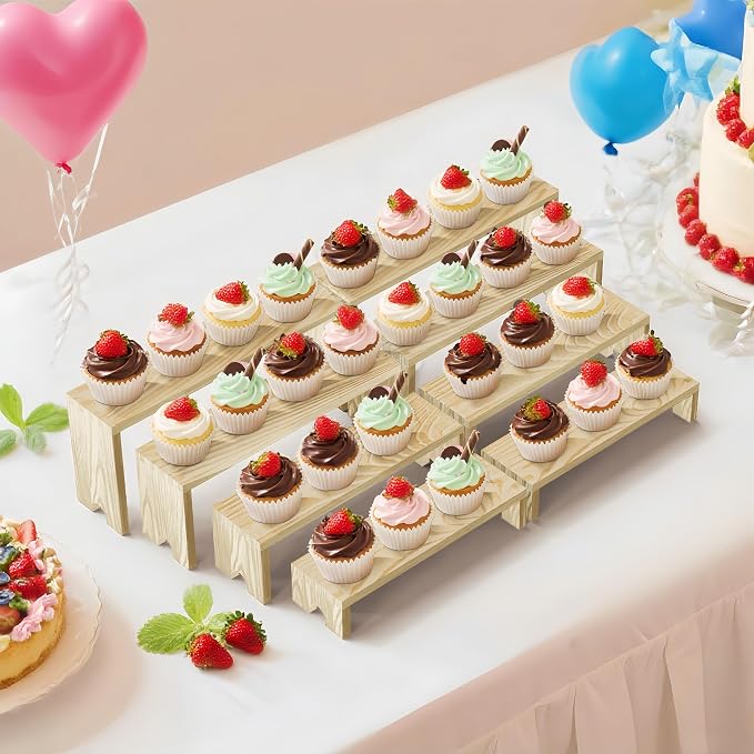 Large 2 Set wood tone Wooden Tiered Display Stands 4 Tier Stackable Pine Wood Display Risers, Suitable for Vendor Events, Cupcake Stands, cake stand Wooden Dessert Table Sets, Vendor Booth Displays,Cosmetic & Perfume Display Tools, Kitchen Spice Storag...