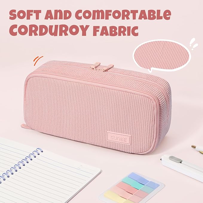 SUNEE Pencil Case, Large Capacity Pencil Pouch, Aesthetic Big Pen Bag, Soft Corduroy Pen Box for Office Stationery Organizer School Supplies Multifunctional for Teen Boys Girls Women Men, Soft Pink