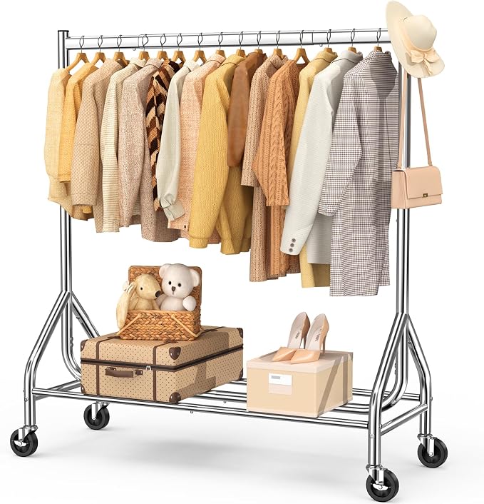 EAGMAK Heavy Duty Clothes Rack Load 420 LBS, 47.2" Long Rolling Garment Rack with Lockable Wheels, Standing Metal Clothing Hanger, Portable Wardrobe Sturdy Coat Organizer for Hanging Clothes (Silver)