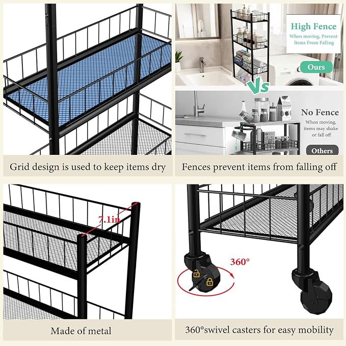 Utility Slim Storage Cart 6 Tier Narrow Metal Frame Carts | 6 Tier Narrow Kitchen Storage Cart,Laundry Room Carts, for Kitchen,DiningRoom,Living Room,Home Office,Classic Black
