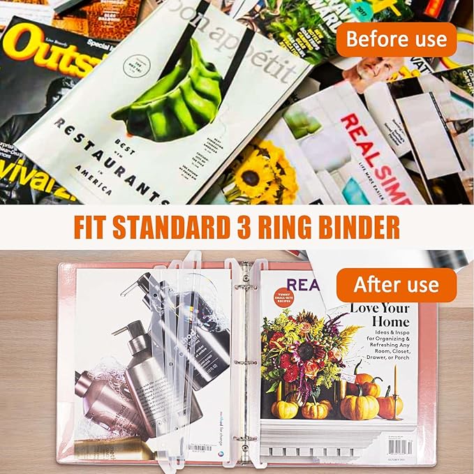 40Pcs 3 Hole Punched Magazine Holders, 3 Ring Binder Insert Strip, White | ‌Punch-Free for Magazines, Magazine Organizer