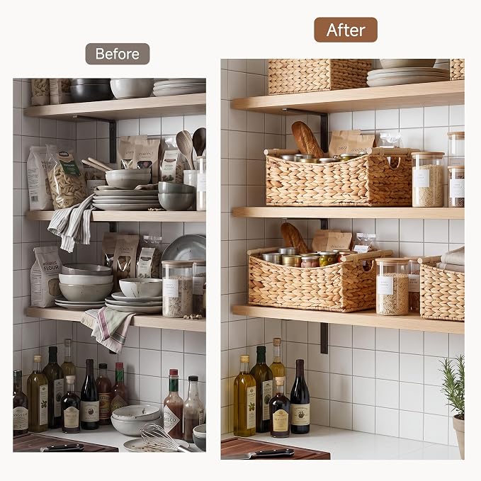 StorageWorks Large Wicker Baskets for Organizing, Water Hyacinth Storage Baskets with Handles, Woven Baskets for Pantry Storage, 16½" x 13" x 7½", 1-Pack