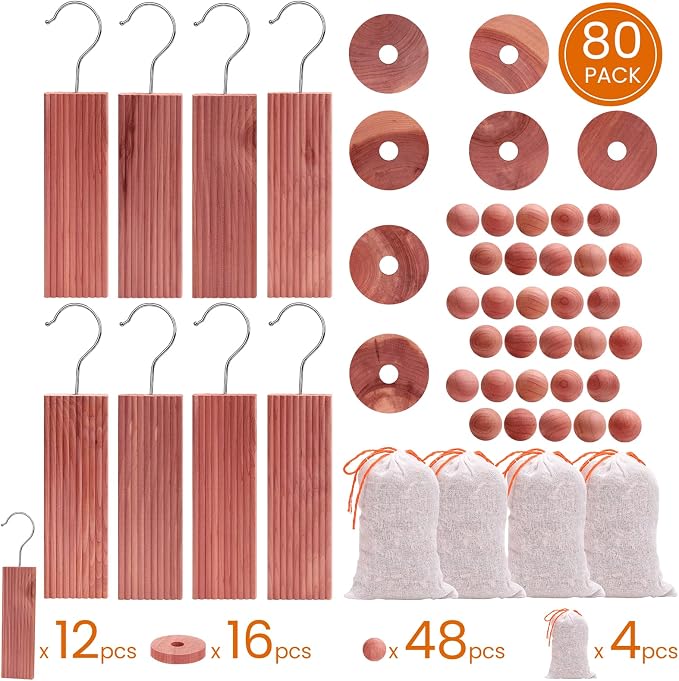 Homode Cedar Blocks for Clothes Storage, Cedar Chips for Closets and Drawers, Aromatic Cedar Wood Balls and Cedar Sachets, Cedar Closet Freshener, 80 Pack
