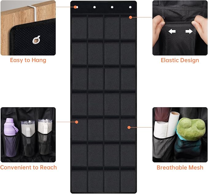 NiHome 28 Pockets Door Hanging Cup Organizer Fit for Stanley Tumbler, Black | Large Capacity Over the Door Water Bottle Organizer, Space-Saving Elastic Mesh Bottle Holder for Kitchen, Pantry, Classroom