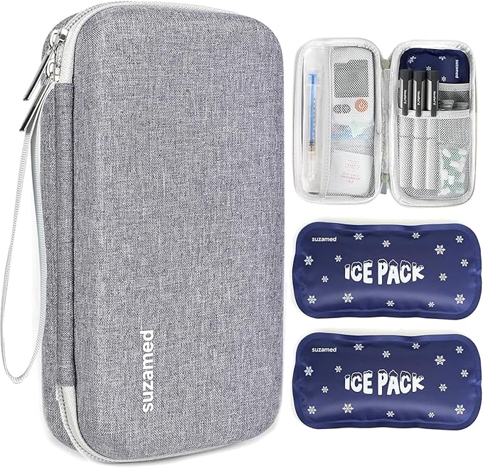 suzamed Insulin Cooler Travel Case,EVA Insulation Travel Medicine Kit with 2 Ice Packs for Diabetes Care,Insulin Pen and Other Diabetic Supplies (Grey)
