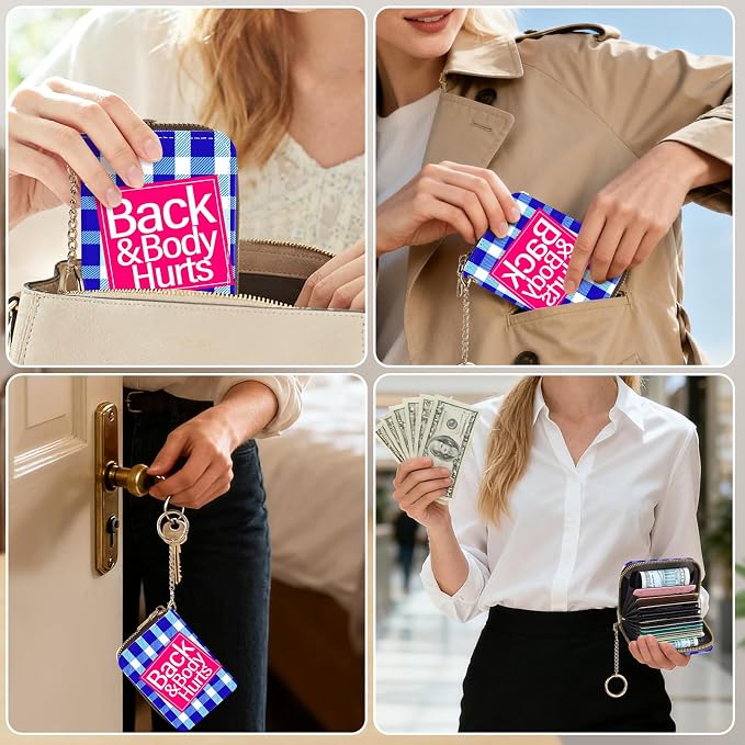 Credit Card Holder for Women,Small Rfid Wallet with Keychain Zipper,Cute PU Leather Card Case Wallet，Accordion Credit Card Wallets Gift,Blue Checkered Pattern