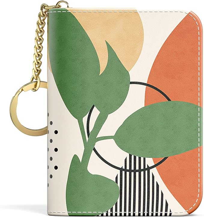 Aiawoxc Credit Card Holder, Small RFID Wallet Slim Leather Card Organizer Case with Zipper and Keychain, Modern Abstract Art