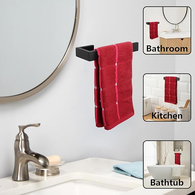 TocTen 4 Pcs Bathroom Hardware Set, Thicken Stainless Steel Hand Towel Bar Set-Includes 9 in Bath Towel Holder+Toilet Paper Holder+2 Robe Towel Hooks, Wall Mounted Bathroom Accessories Kit(Black)