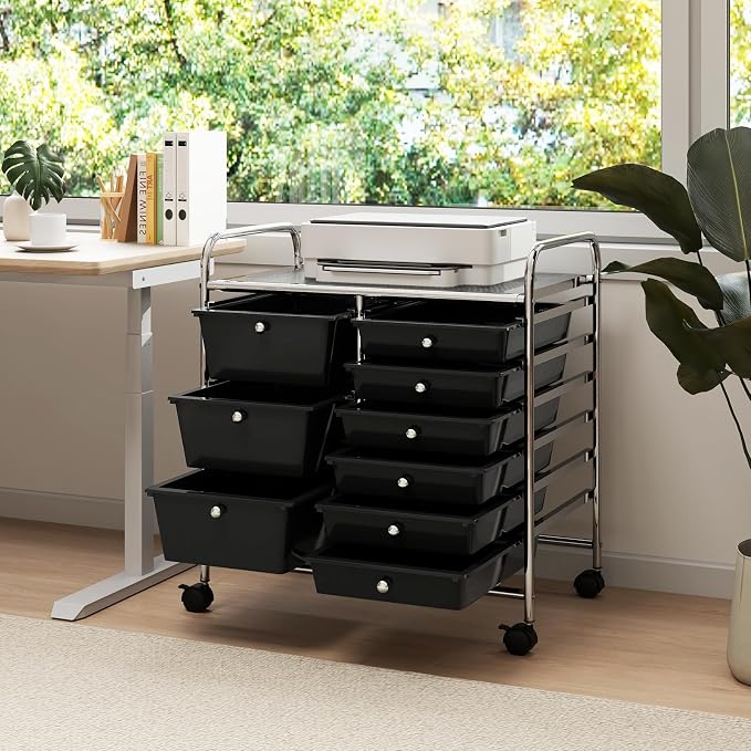 RELAX4LIFE 9 Drawer Rolling Storage Cart - Mobile Drawer Carts for Craft Art Supply Paper Salon, Utility Cart on Wheels for Classroom Teacher School Office, Rolling Cart with Drawers (Black)