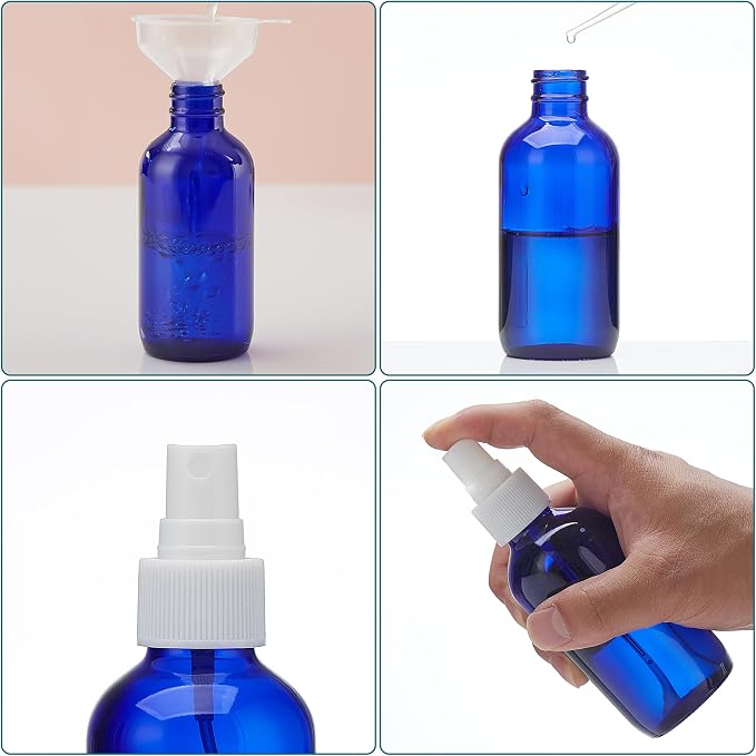 Cobalt Blue Glass Spray Bottles 4 oz, Small, Fine Mist, 4 Pack | For Essential Oils, Facial Care, Hair Care, Perfumes, Plants, Room Sprays, Travel, Cleaning Solutions