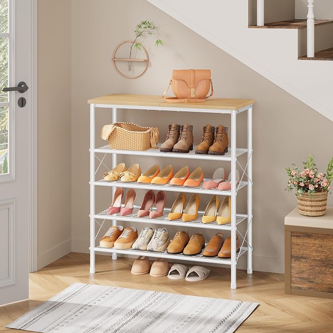 Tajsoon 5 Tier Shoe Rack Organizer for 16-20 Pairs of Shoes, Metal Mesh Shoe Shelf for Closet, Industrial Shoe Rack for Entryway Shoe Storage with X Shape Fixed Frame, White & Log