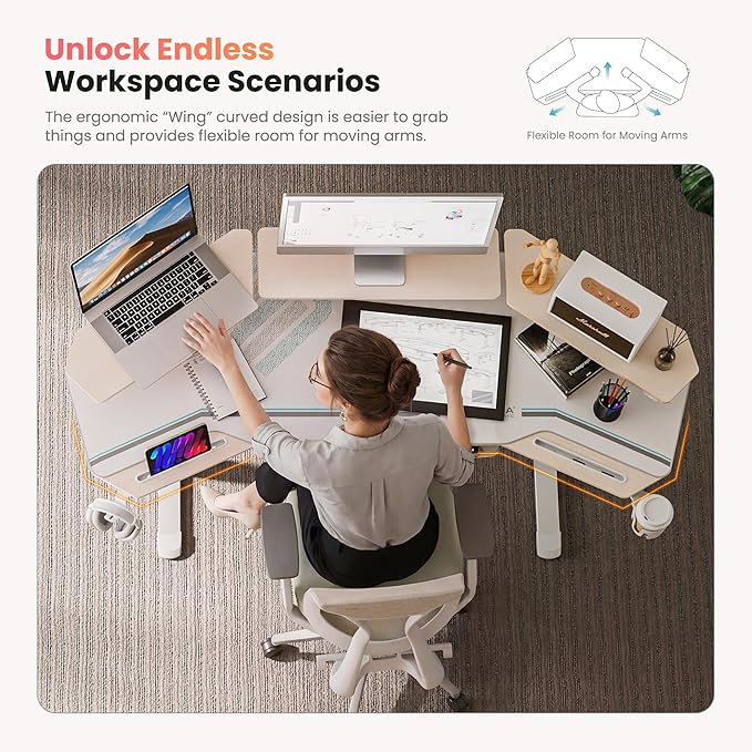 EUREKA ERGONOMIC Standing Desk with Keyboard Tray, Large Music Studio Gaming Desk, Wing Shaped Sit Stand Table 72'', LED Convertible Shelves, Dual Motor&Slot, Maple