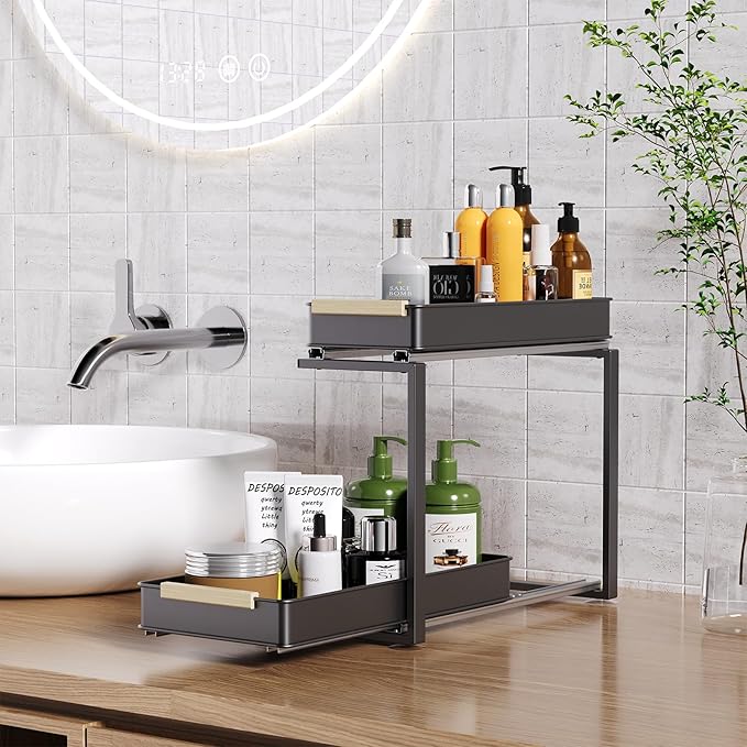 AndUp Under Sink Organizer, 2 Tiers Pull Out Bathroom Organizers and Storage, Slide Out Cabinet Organizer Shelf for Kitchen Bathroom, Multi-Purpose Collection Organizer Drawer Shelf (Gray, 1pcs)