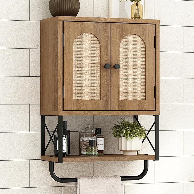 RUSTOWN Rattan Bathroom Wall Cabinet, Boho Over The Toilet Storage Cabinet | Arched Rattan Doors, Modern Medicine Cabinet, Adjustable Shelves, Towel Bar, Rustic Oak