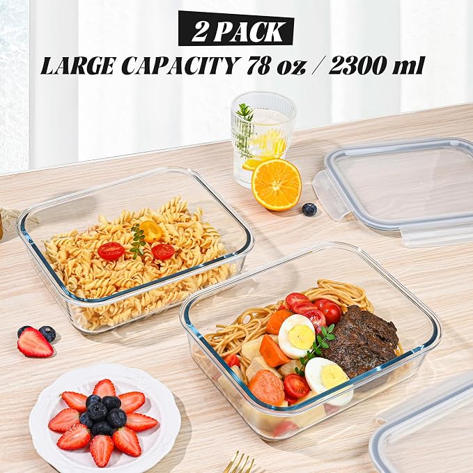 LOVYANXUE 2Pack 9.8 Cups/ 78 Oz Large Glass Food Storage Containers with Lids, Glass Meal Prep Containers with Airtight Lids - BPA Free, Leakproof, Ideal for Food Storing/Serving, Microwave/Oven Safe