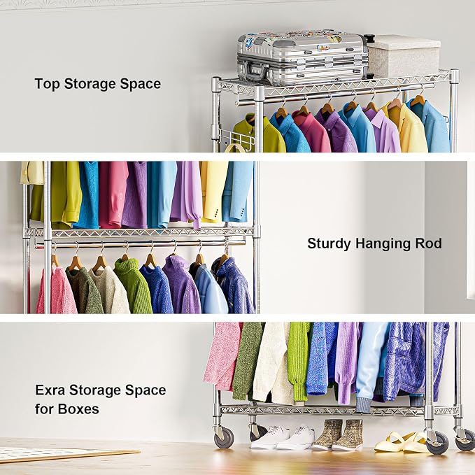 M MZG Heavy Duty Rolling Garment Rack 3 Tiers Adjustable Wire Shelving Clothes Rack with 2 Rods and Side Hooks,Storage Closet Clothing Rack with Wheels Chrome 15.7" D x 45.3" W x 79.6" H