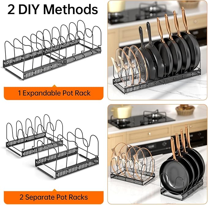MUDEELA 2 Pack Pots and Pans Organizer Rack for under Cabinet, Expandable Pot Lid Kitchen Cabinet Organizer Holder with 10 Adjustable Compartment Cutting Board Organizer for Pan Lid, Bakeware Sheet