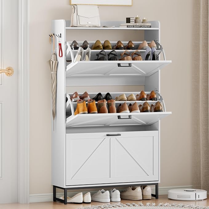 Wodeer Shoe Cabinet Storage for Entryway, Shoe Storage Cabinet with 3 Flip Drawers, Freestanding Narrow Shoe Rack Organizer with Metal Legs & Side Hook for Foyer, Hallway, White