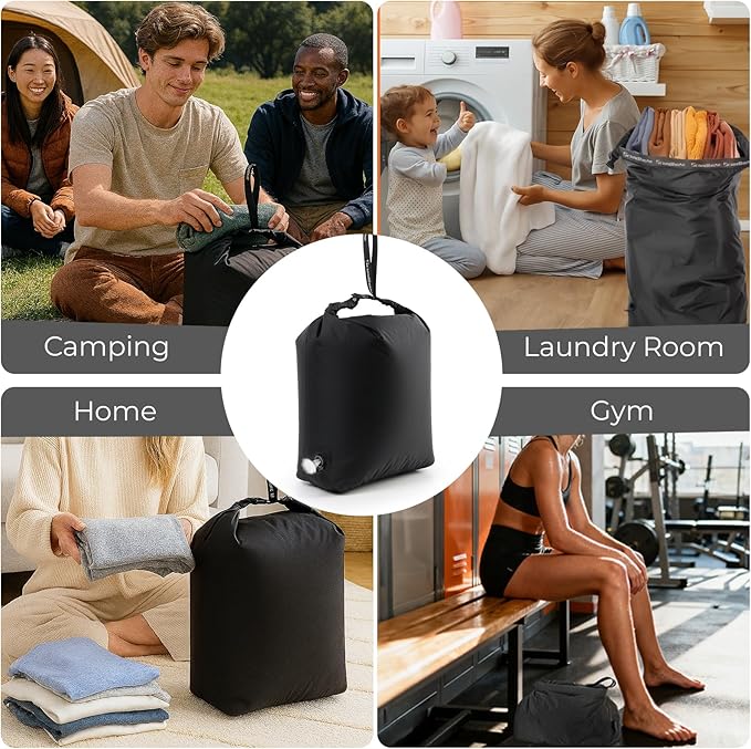Travel Compression Laundry Bag, Pump-Free Vacuum Space Saver Bag for Dirty Clothes, Reusable Waterproof Wet Dry Bag, Travel Laundry Bag for Luggage, Packing, Suitcase (1 Pcs)（Black, M)