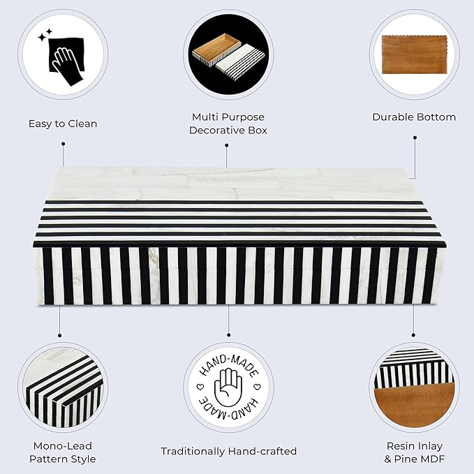 Handicrafts Home Large Decorative Storage Box with Lid – Black White Modern Storage Box, Remote Control Organizer for Coffee Table, Console & Living Room Decor – Mono Lead 12 x 6 x 2