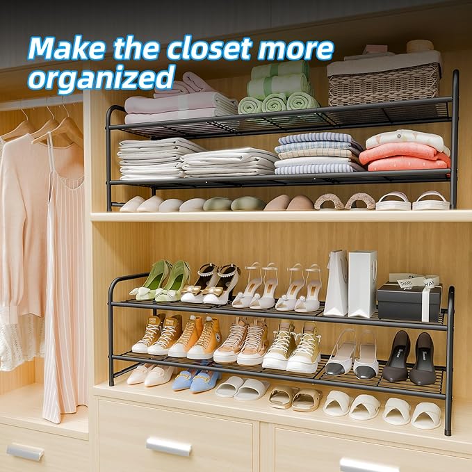 2 Tier Shoe Rack for Closet, 44 Inch Extra Wide Shoe Storage Organizer for Shelves, Heavy Duty Metal, Easy Assembly, Black